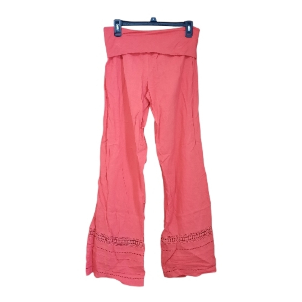 🛍 Love Tree Linen Blend Red Foldover Wide Leg Crochet Cuff Pull-on Pants Size L
